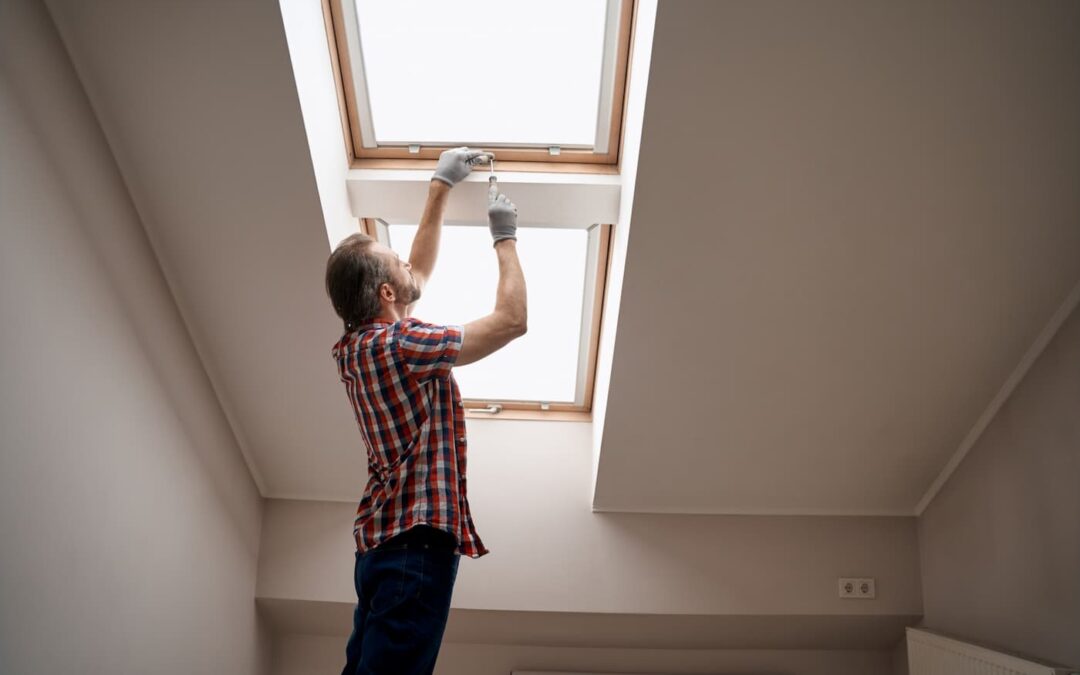 A man works on an interior skylight as part of a landlord's maintenance and repair process.