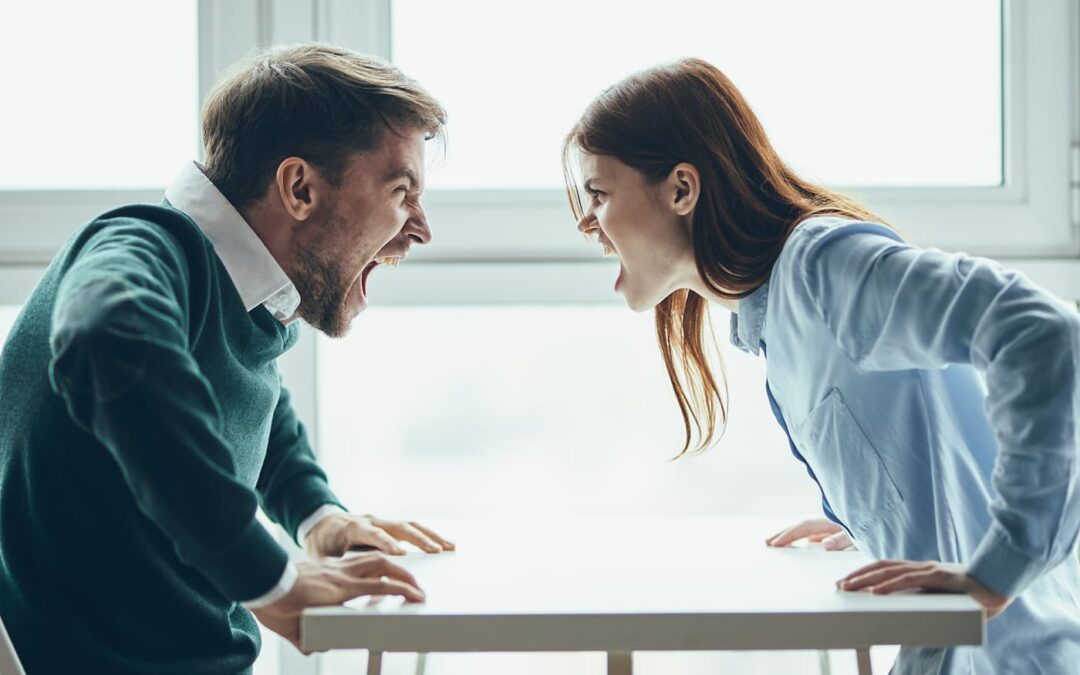 a man and women sitting at a table yelling at each other, both needing conflict management skills