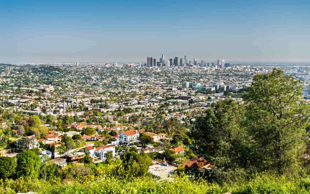 an image of downtown Los Angeles from a distance illustrating the urban vs suburban divide